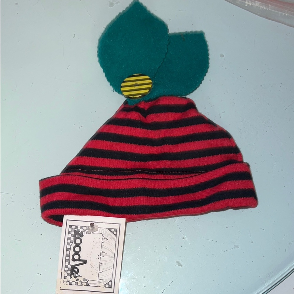 Zoodles Red and Black Striped Infant Beanie with Green Leaf Accent